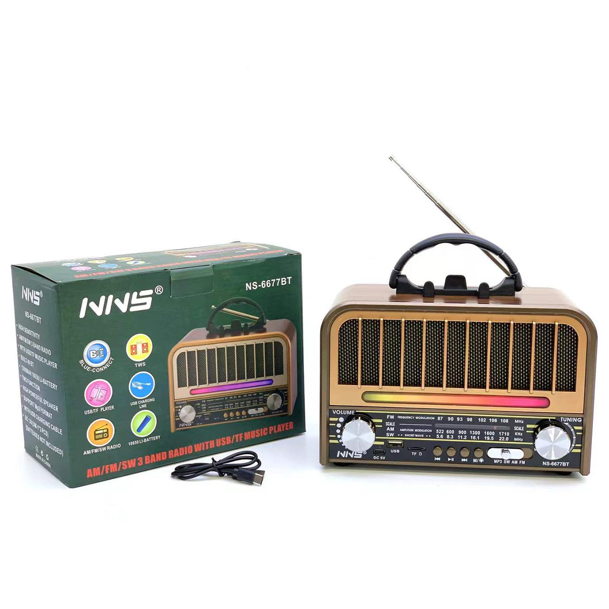 NNS Wooden Retro Portable Bluetooth Speaker NS-6678BT with top handle and analog dial, shown beside product box and USB charging cable.
