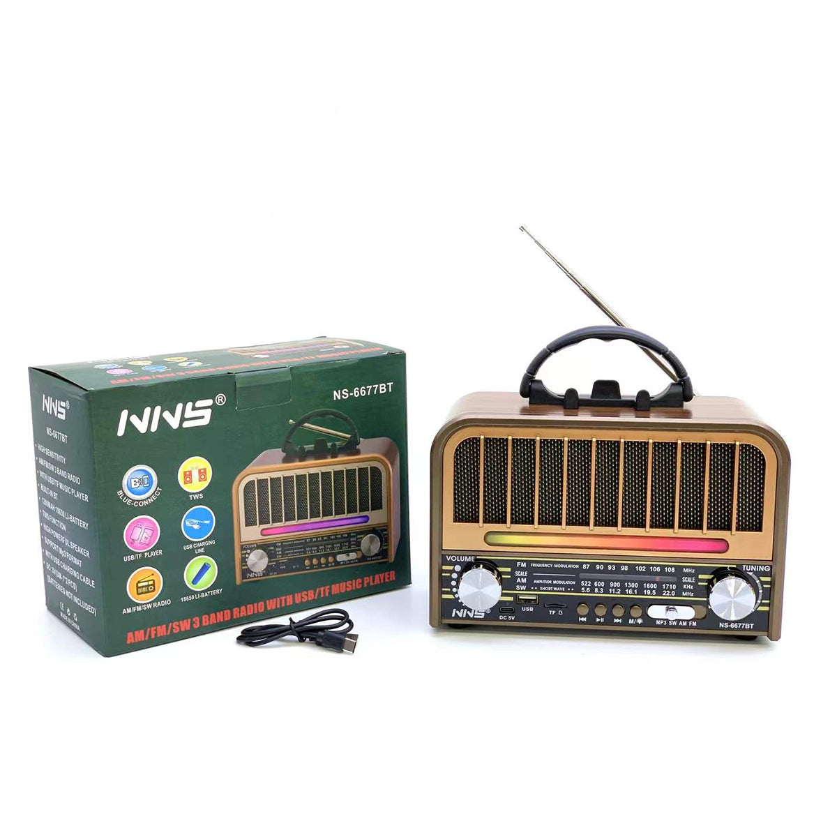 Classic-style NNS Wooden Retro Portable Bluetooth Speaker NS-6678BT in light brown, displayed with retail box and USB cable.