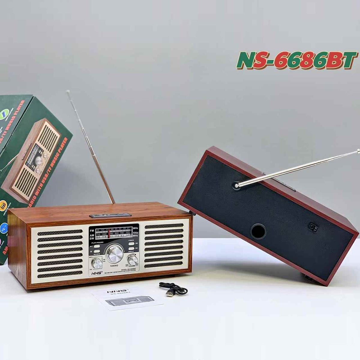 Side and rear view of NNS Wooden Retro Portable Bluetooth Speaker NS-6686BT, highlighting speaker grill and antenna, with accessories included.