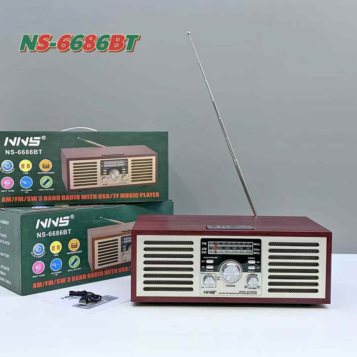 NNS Wooden Retro Portable Bluetooth Speaker NS-6686BT in dark wood finish with antenna extended, shown with packaging and USB cable.
