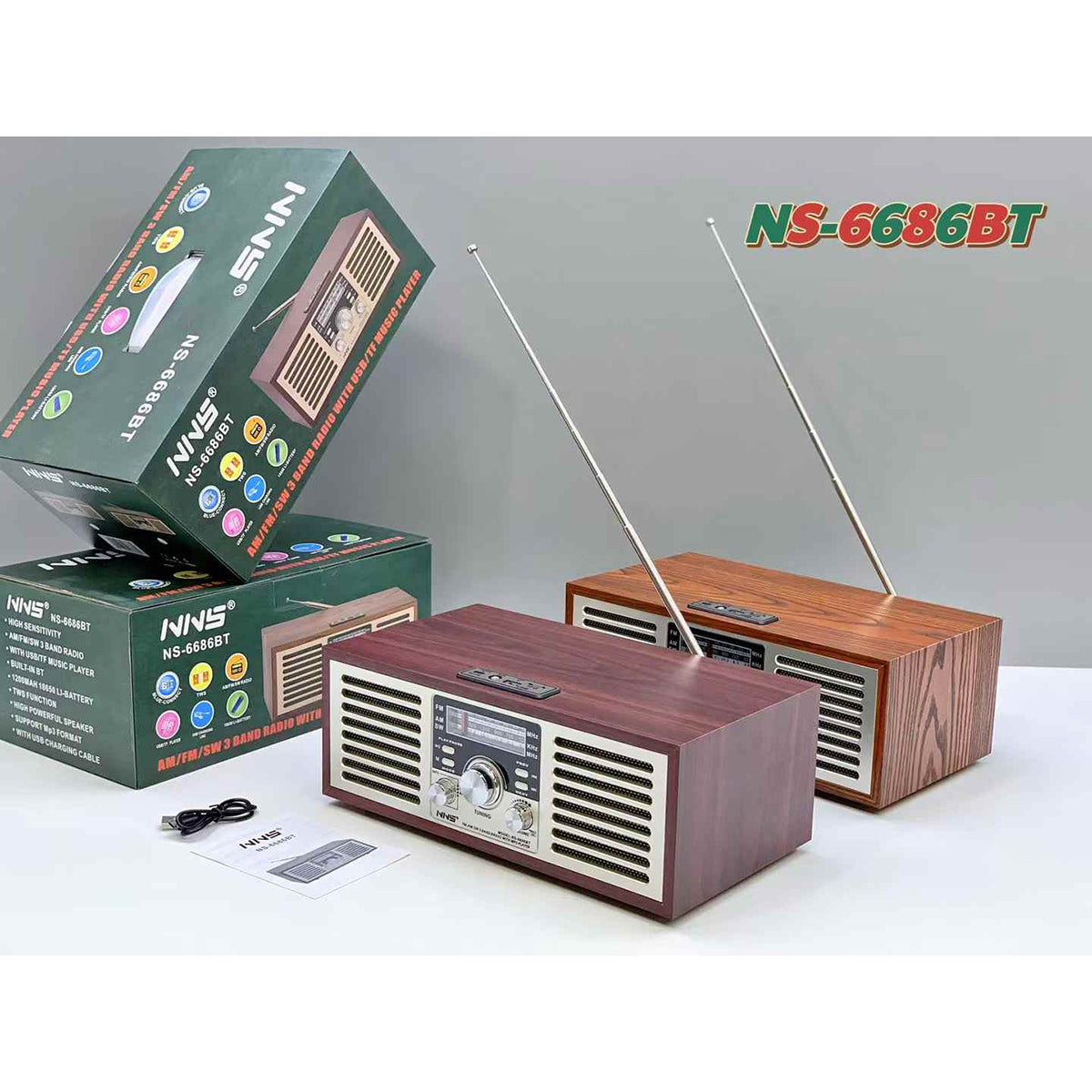 Two NNS Wooden Retro Portable Bluetooth Speakers NS-6686BT in different wood tones, displayed with boxes and USB cables for audio playback.