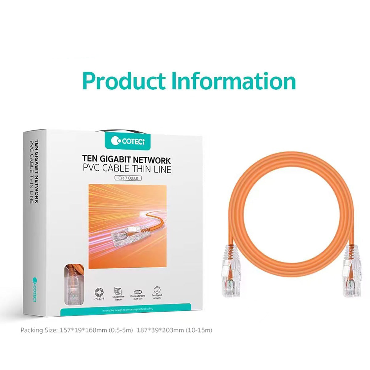 COTECi CTA 7 PVC 10 Gigabit Ethernet Cable(OF-013) in orange with packaging box, ideal for high-speed network setups and office use.