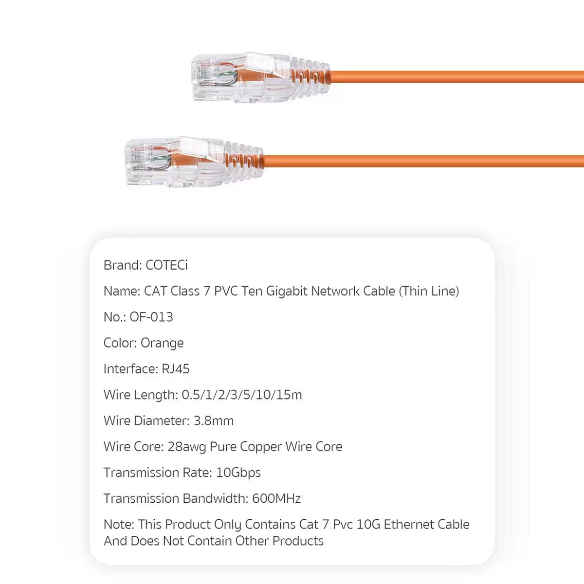 Technical specifications of COTECi CTA 7 PVC 10 Gigabit Ethernet Cable(OF-013) including RJ45 interface, 28AWG copper core, and 10Gbps speed.