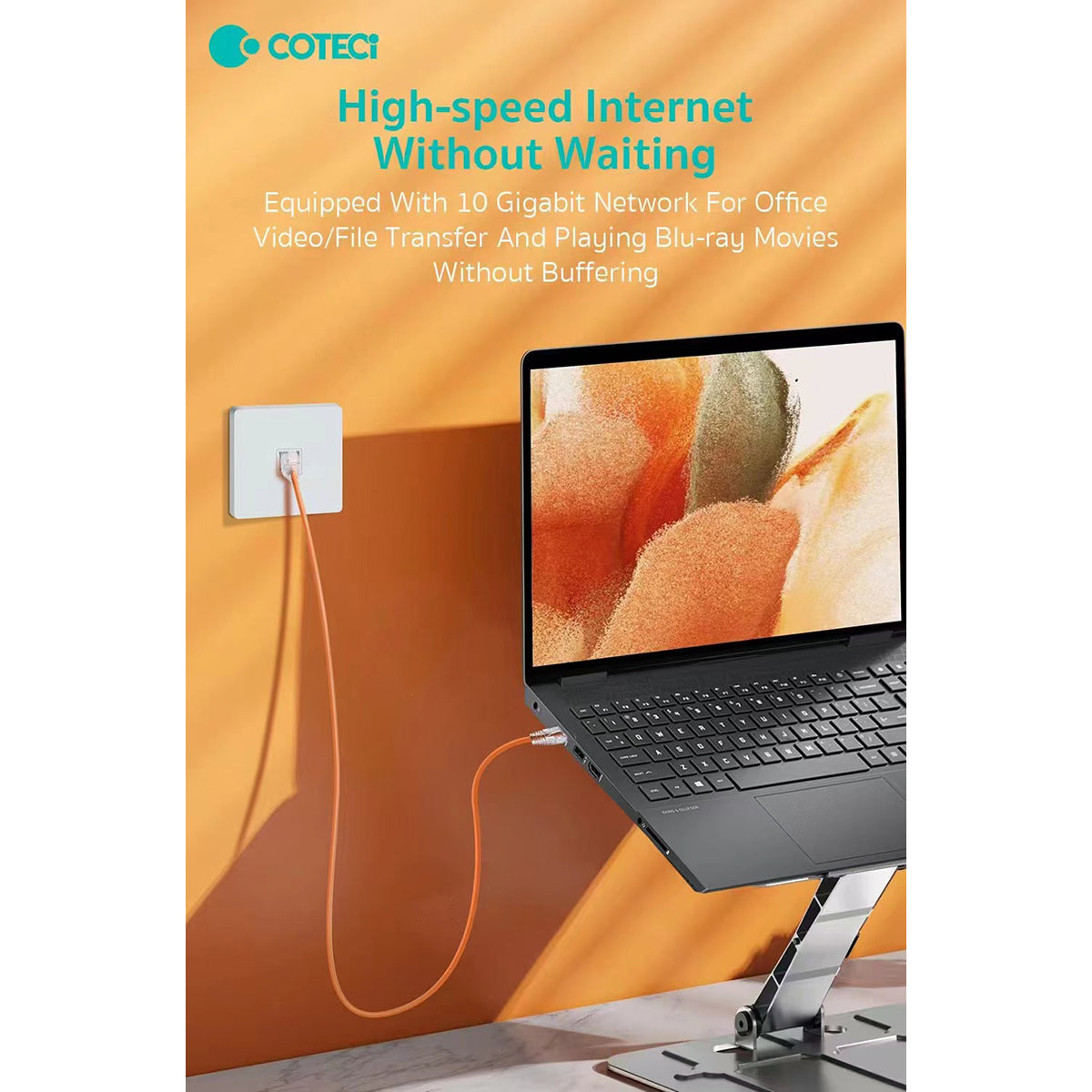 COTECi CTA 7 PVC 10 Gigabit Ethernet Cable(OF-013) connected to a laptop, enabling high-speed internet for streaming and file transfers.