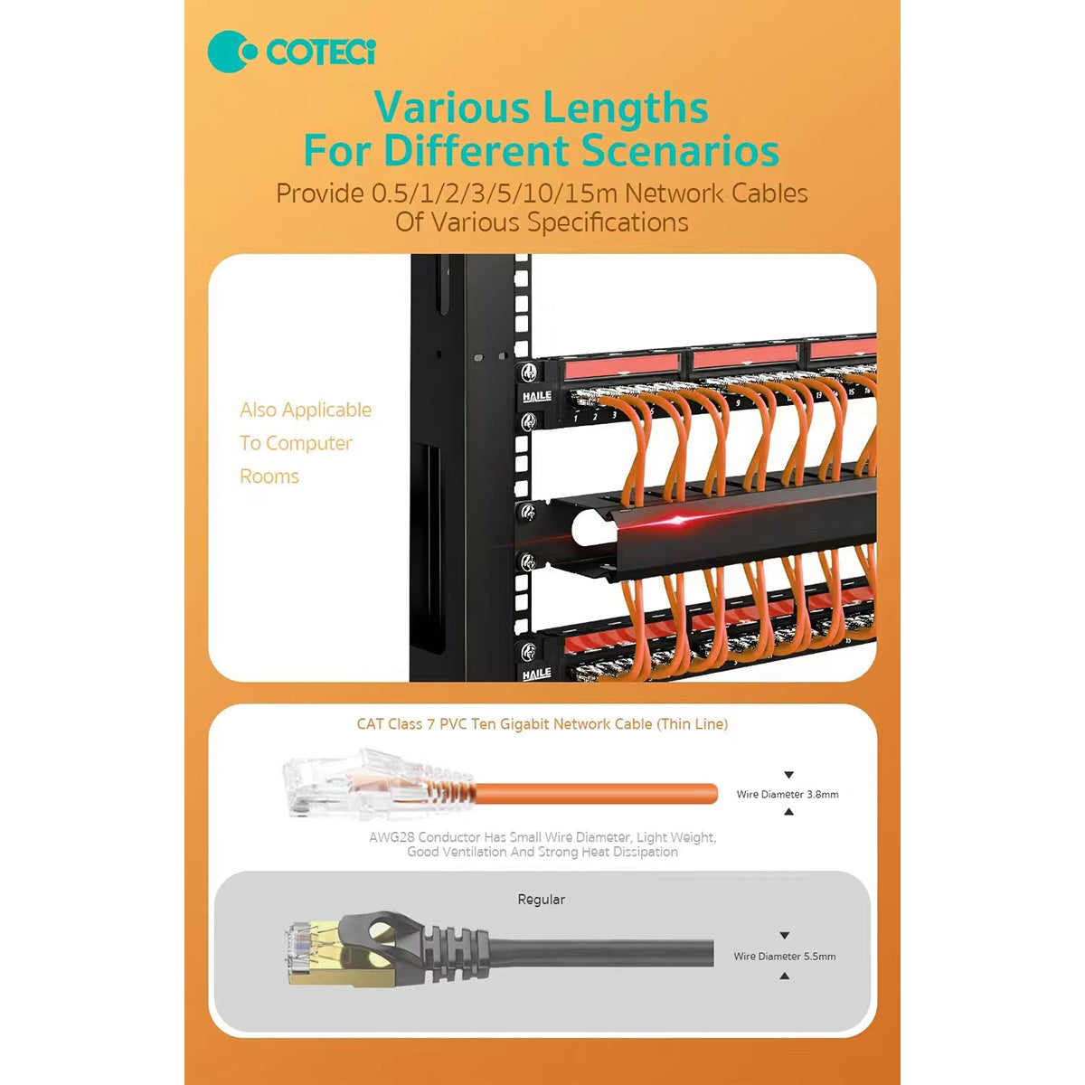 COTECi CTA 7 PVC 10 Gigabit Ethernet Cable(OF-013) in various lengths, suitable for server racks and computer rooms with thin wire design.