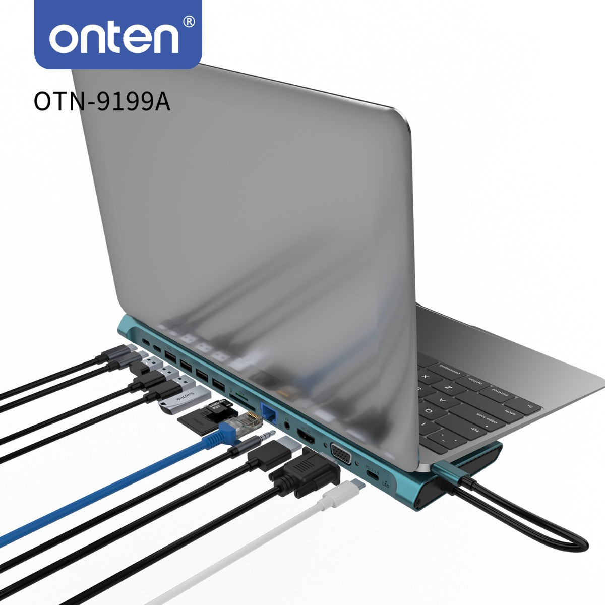 Onten 9199A 13 in 1 Type C Docking Station connected to a laptop, showcasing multiple device connections for seamless multitasking and data transfer.