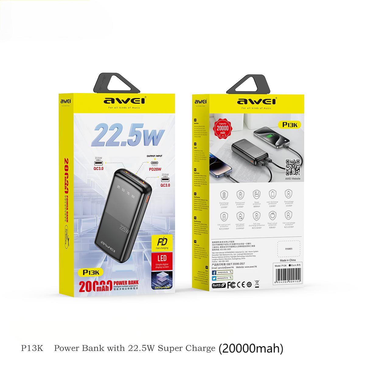 AWEI P13K 22.5W Fast Charging Power Bank (20000mah) retail packaging showing product features and specifications in Electronics Accessories category.
