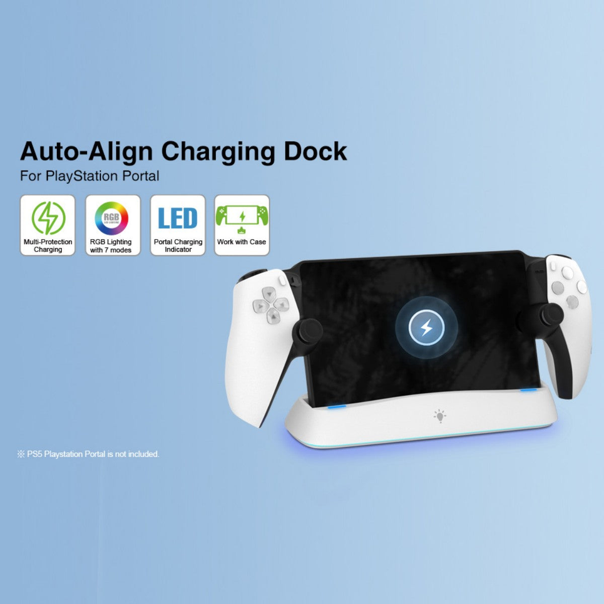 Auto-align feature of HC-3711 Charging Dock ensures easy docking for PlayStation Portal with LED indicators and case compatibility.