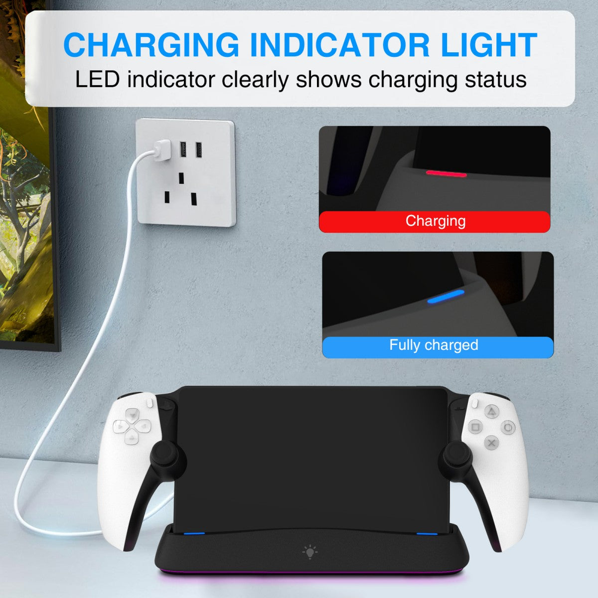 LED charging indicator on HC-3711 Auto-Align Charging Dock for PlayStation Portal shows red for charging and blue when fully charged.