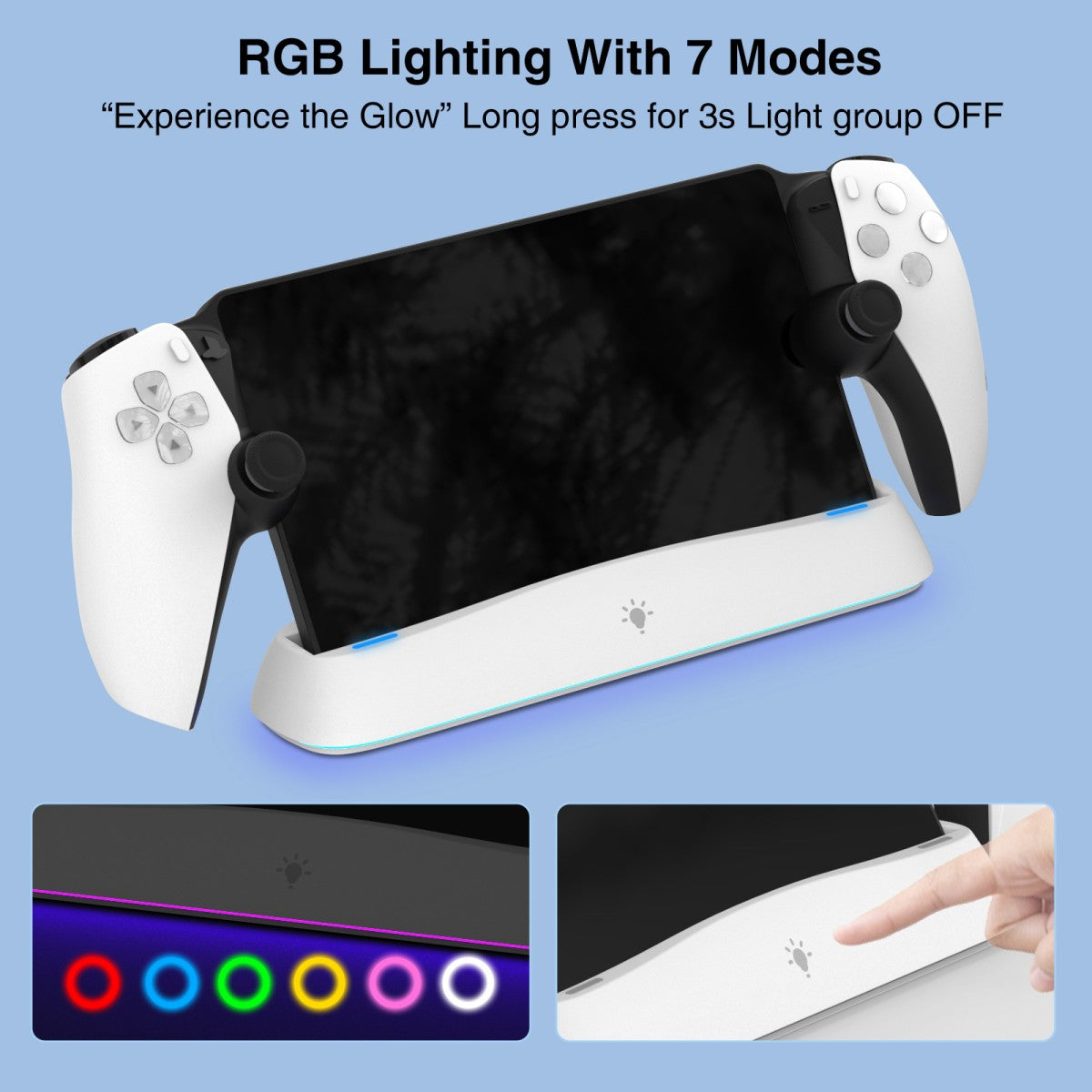 HC-3711 Auto-Align Charging Dock for PlayStation Portal features 7-mode RGB lighting with touch control for immersive gaming ambiance.