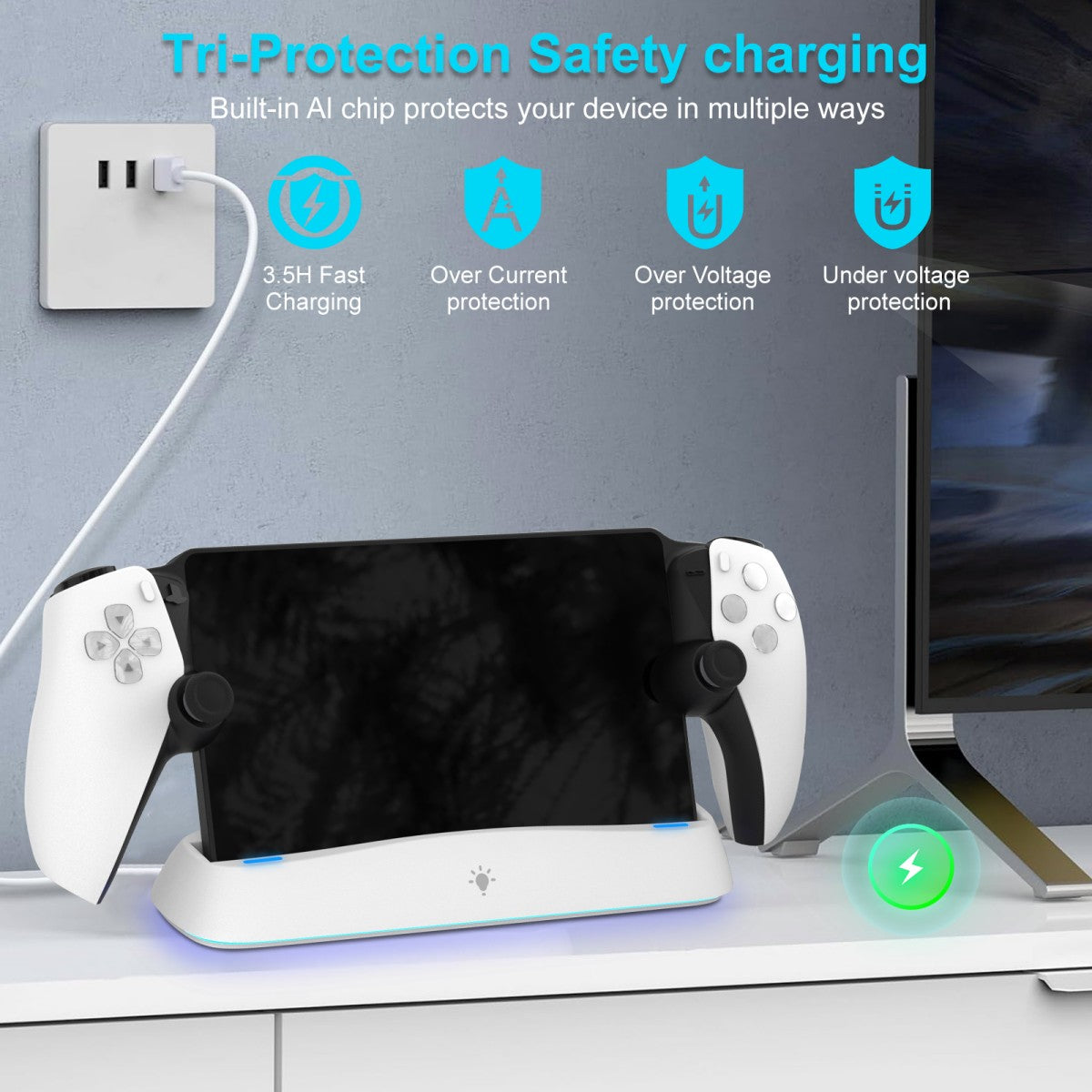 Tri-protection safety system in HC-3711 Charging Dock for PlayStation Portal includes fast charging, overcurrent, and voltage protection.