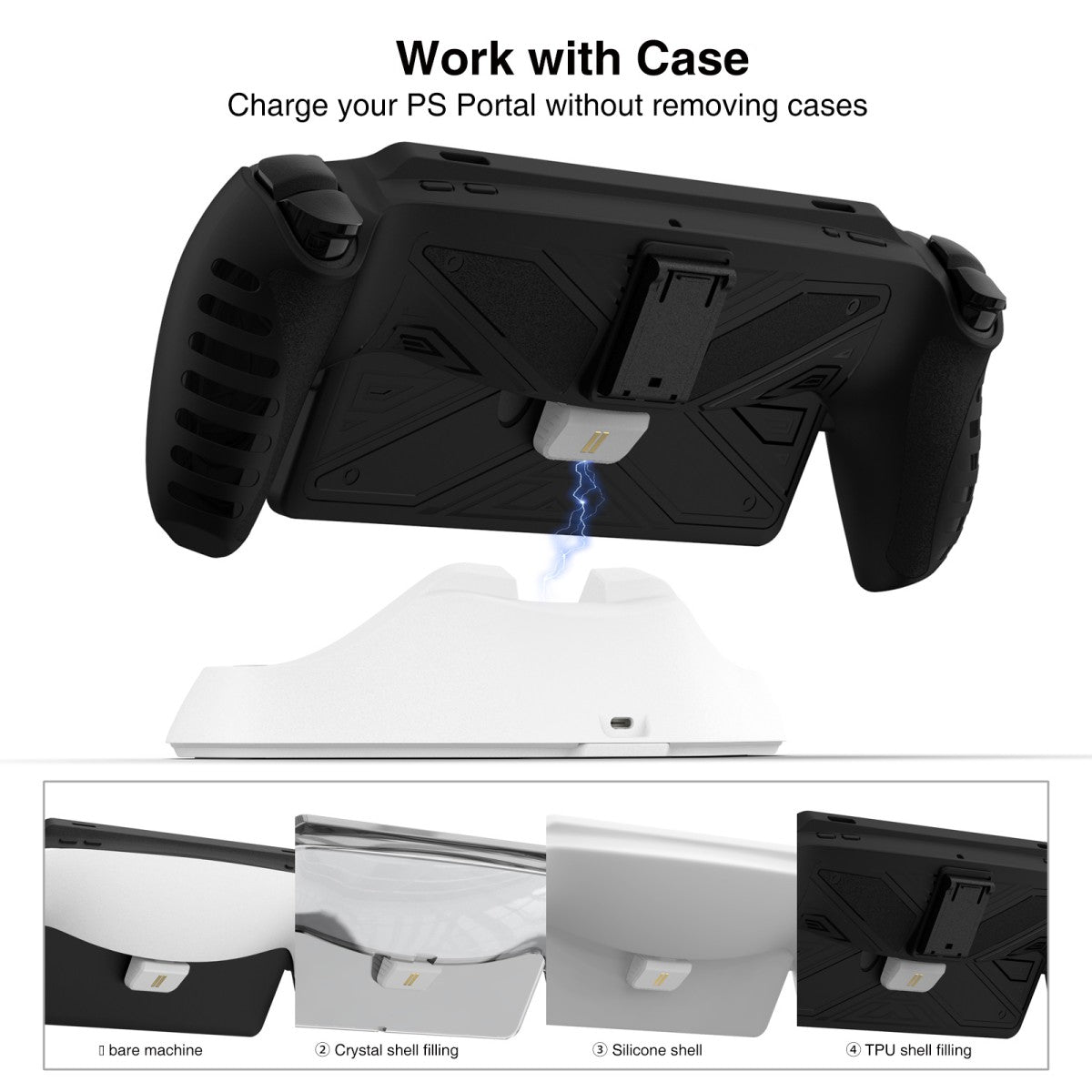 HC-3711 Charging Dock supports charging PlayStation Portal with various case types including silicone, TPU, and crystal shells.