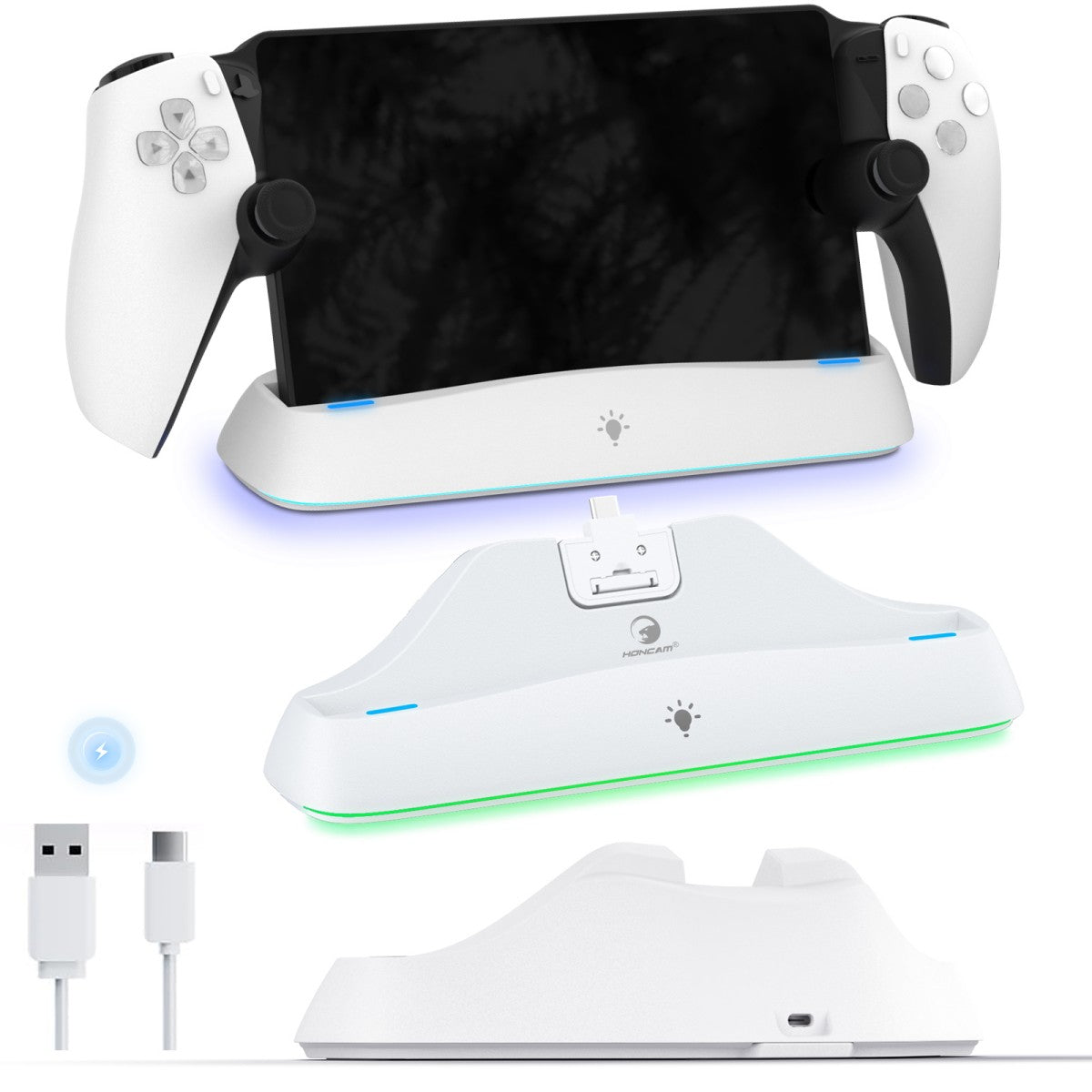 HC-3711 Auto-Align Charging Dock for PlayStation Portal with USB-C cable and RGB lighting, designed for seamless controller docking.