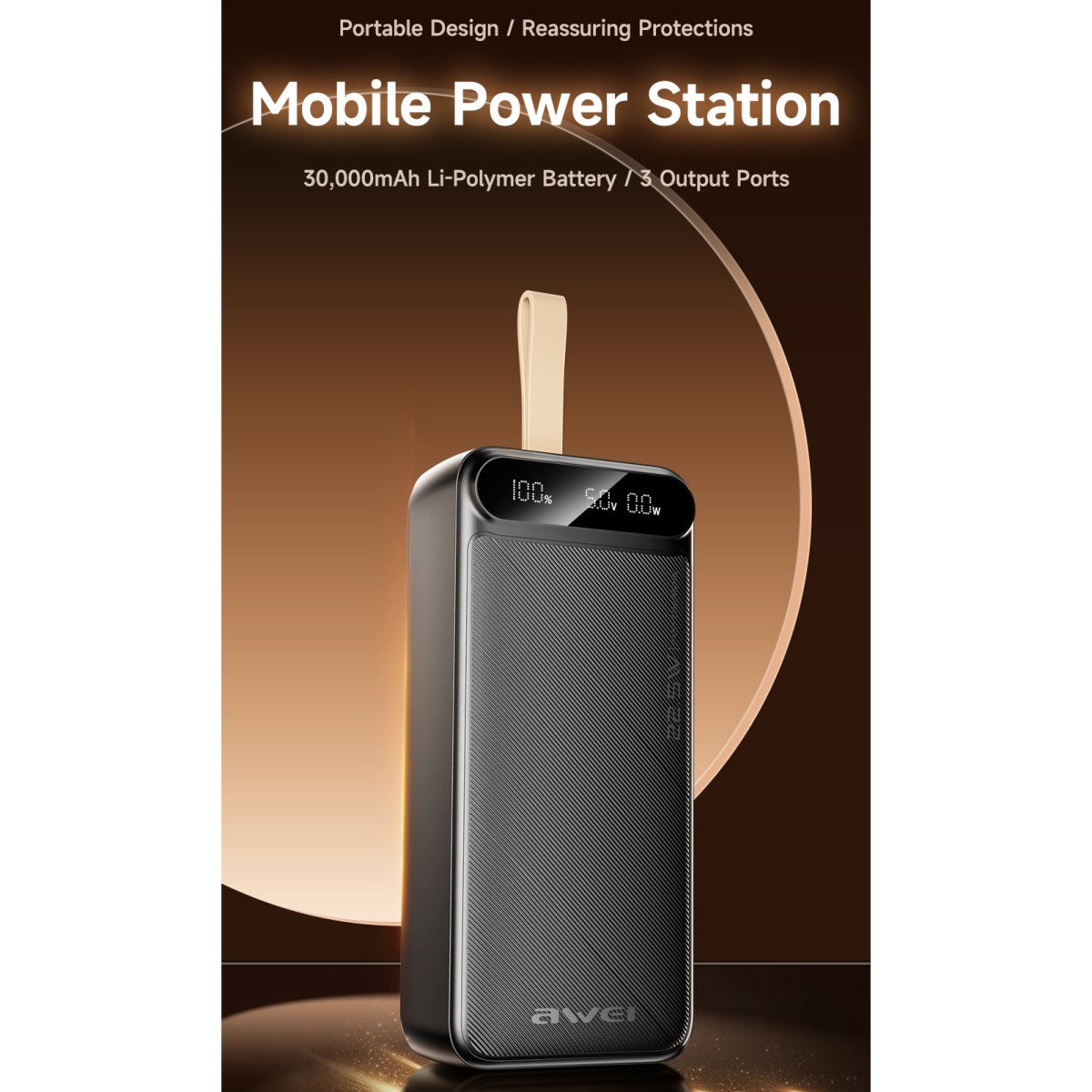 AWEI PA-12 22.5W Multi-Output Power Bank (30000mah) with digital display and leather strap, highlighting its mobile power station design.