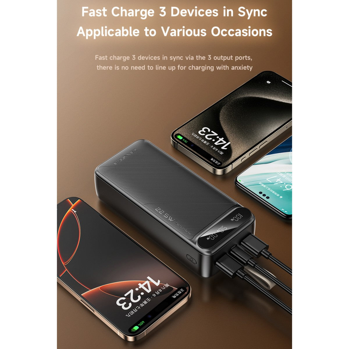 AWEI PA-12 Power Bank fast charging three smartphones simultaneously via 3 output ports, suitable for various charging scenarios.