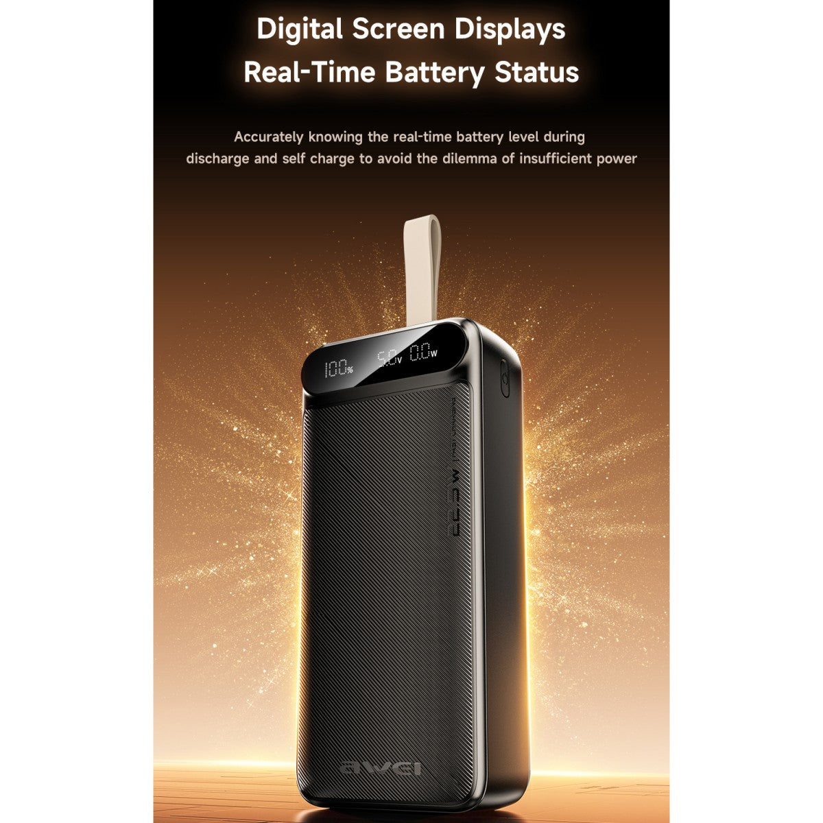 Digital LED screen of AWEI PA-12 Power Bank displaying real-time battery status for efficient power management.