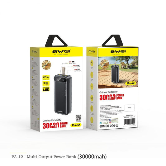Retail packaging of AWEI PA-12 22.5W Multi-Output Power Bank (30000mah) showing product features and outdoor portability design.
