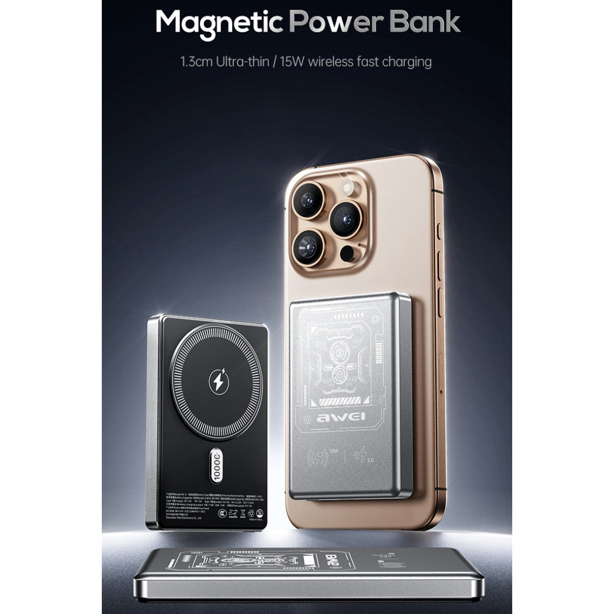 AWEI PA-31 Magnetic Wireless Power Bank (10000mah) attached to iPhone, highlighting ultra-thin 1.3cm design and 15W fast wireless charging.