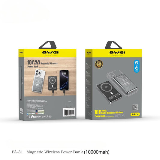 Retail packaging of AWEI PA-31 Magnetic Wireless Power Bank (10000mah) showing product features and compatibility with iPhone models.