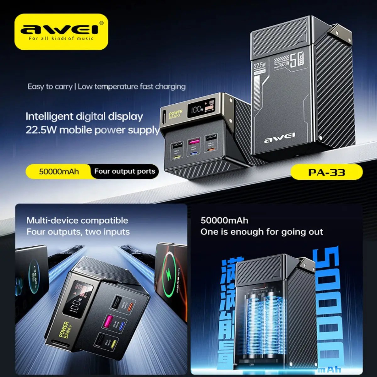 AWEI PA-33 50000mAh power bank featuring 22.5W fast charging, four output ports, and intelligent digital display for real-time power monitoring.