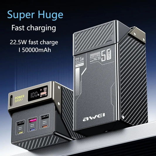 AWEI PA-33 22.5W Fast Charging Power Bank (50000mAh) with digital display and four USB ports for multi-device charging. Compact, high-capacity design.