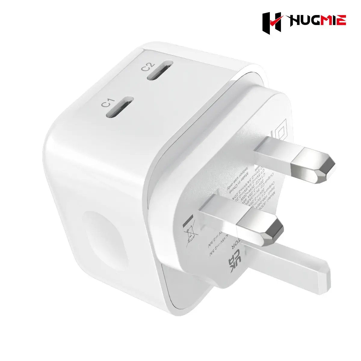 Angled view of Hugmie PD 45W Dual Port Fast Charger with UK plug. Compact and efficient for fast charging of smartphones and laptops.