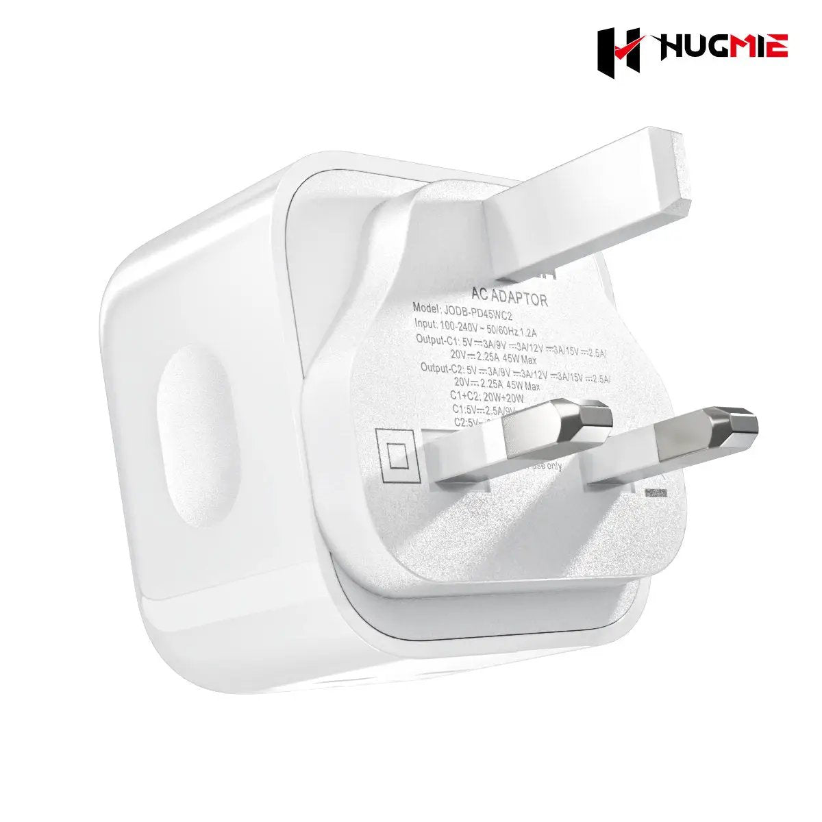 Back view of Hugmie PD 45W Fast Charger displaying technical specifications. Dual USB-C ports for high-speed charging of multiple devices.