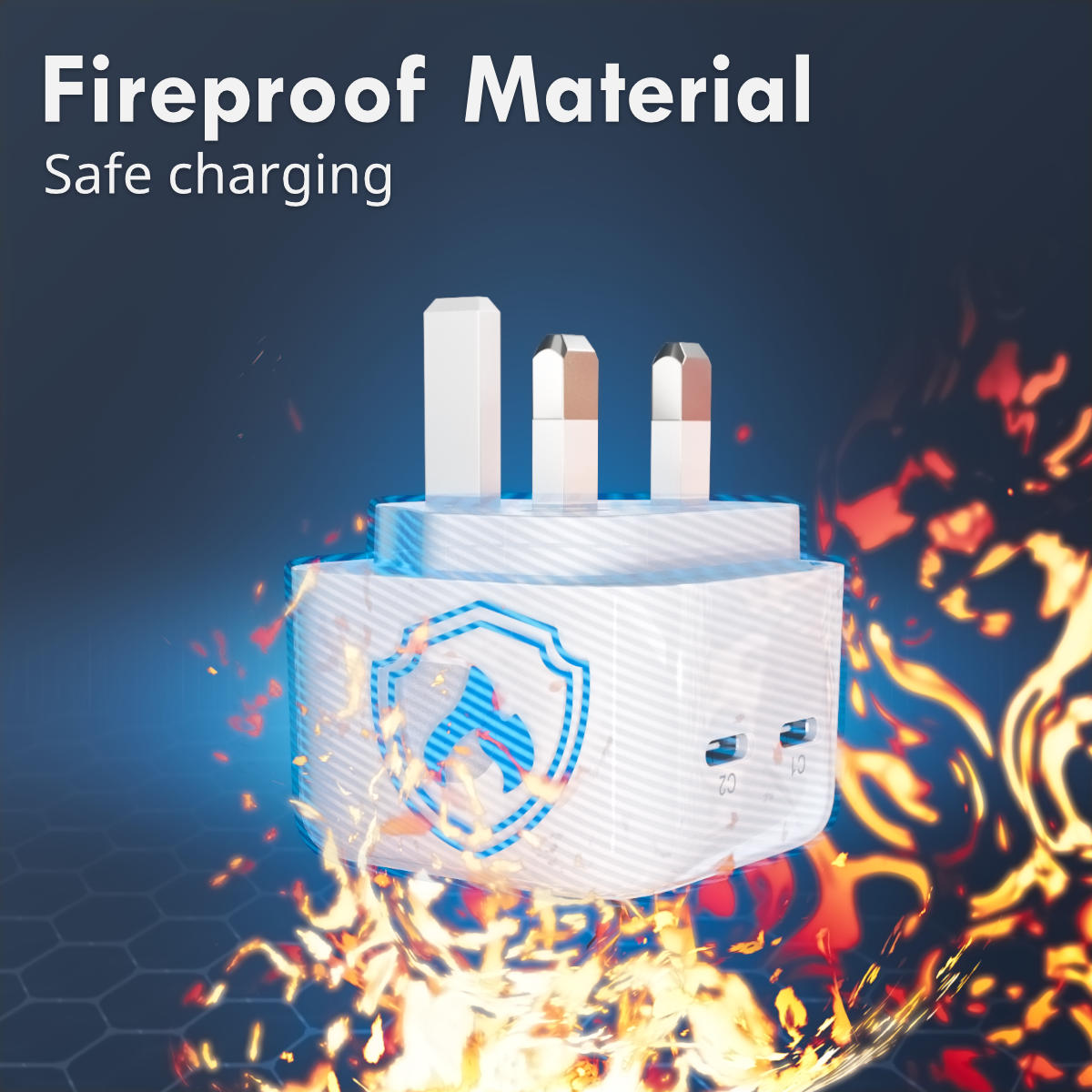 Hugmie PD 45W Fast Charger made with fireproof material for safe charging. Dual USB-C ports ensure efficient power delivery.