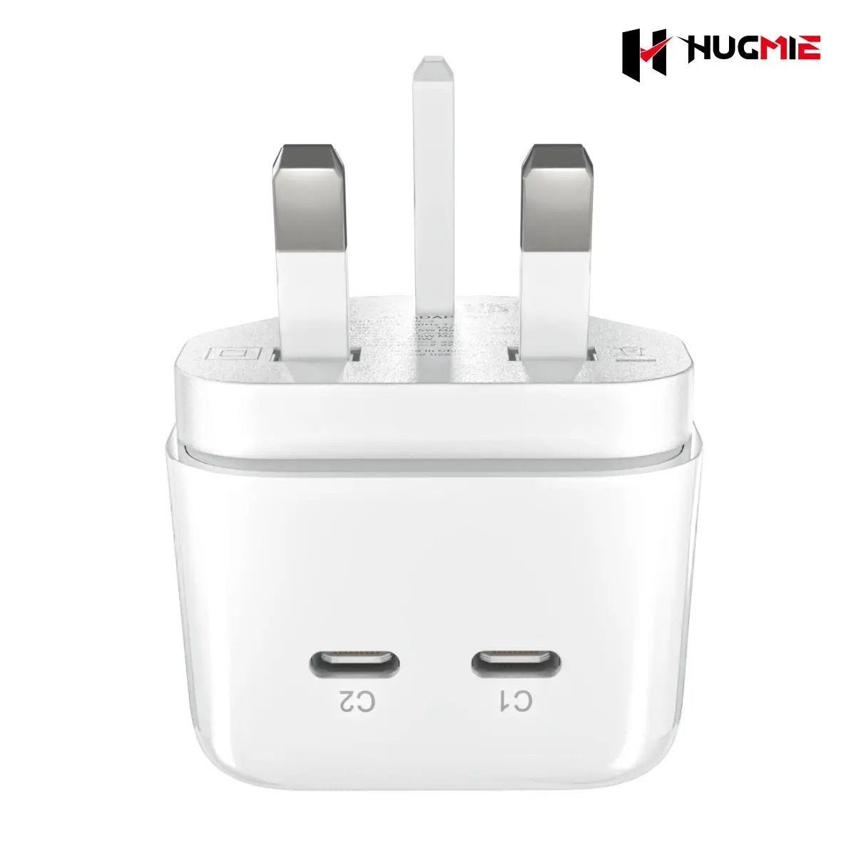 Front view of Hugmie PD 45W Dual Port Fast Charger featuring two USB-C ports. Designed for high-speed charging of multiple devices.