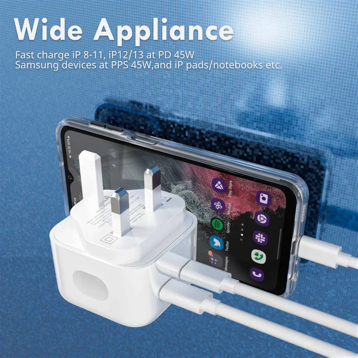 Hugmie PD 45W Fast Charger powering multiple devices, including smartphones and notebooks. Dual USB-C ports for fast and efficient charging.