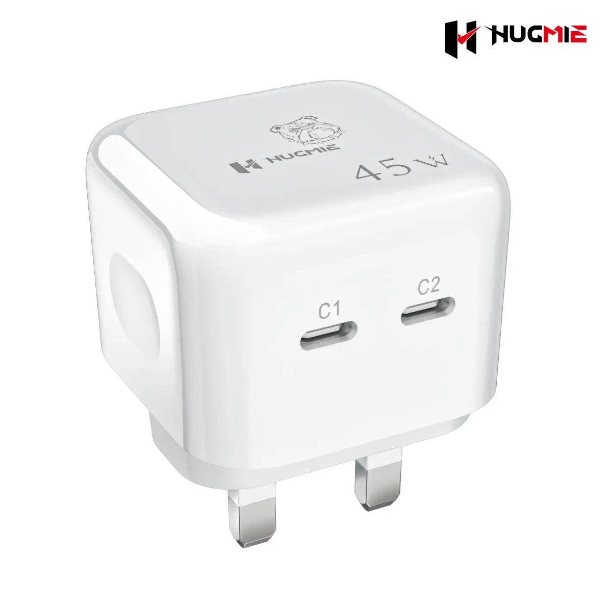 Hugmie PD 45W Dual Port Fast Charger with compact design and dual USB-C ports for rapid charging. Ideal for iPhone, Samsung, and notebooks.