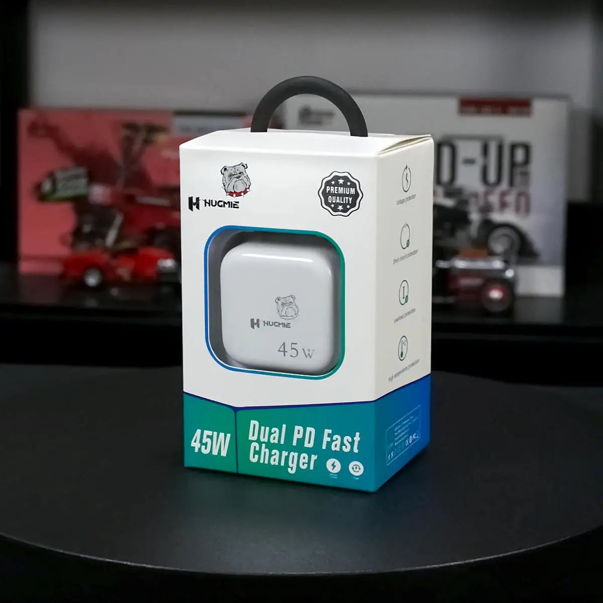 Hugmie PD 45W Dual Port Fast Charger in retail packaging. Compact and powerful charger for smartphones, tablets, and laptops.