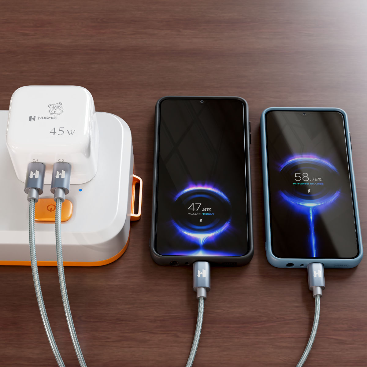 Hugmie PD 45W Fast Charger charging two smartphones with glowing battery indicators. Dual USB-C ports for rapid power delivery.