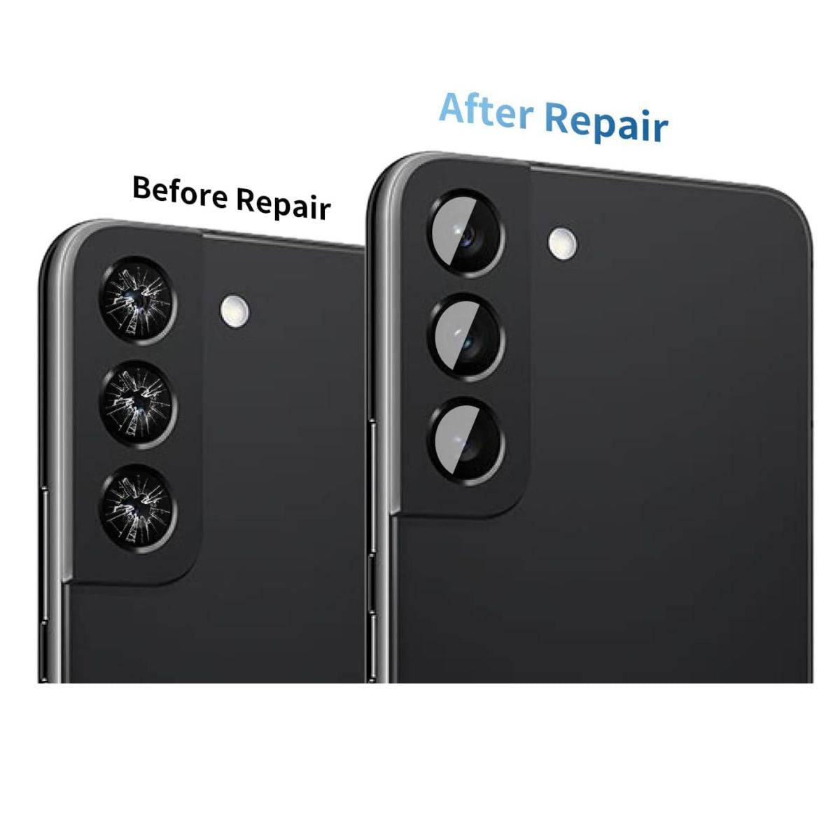 Samsung Galaxy camera lens repair service showing before and after comparison. Cracked lens replaced with a new one for a flawless finish.