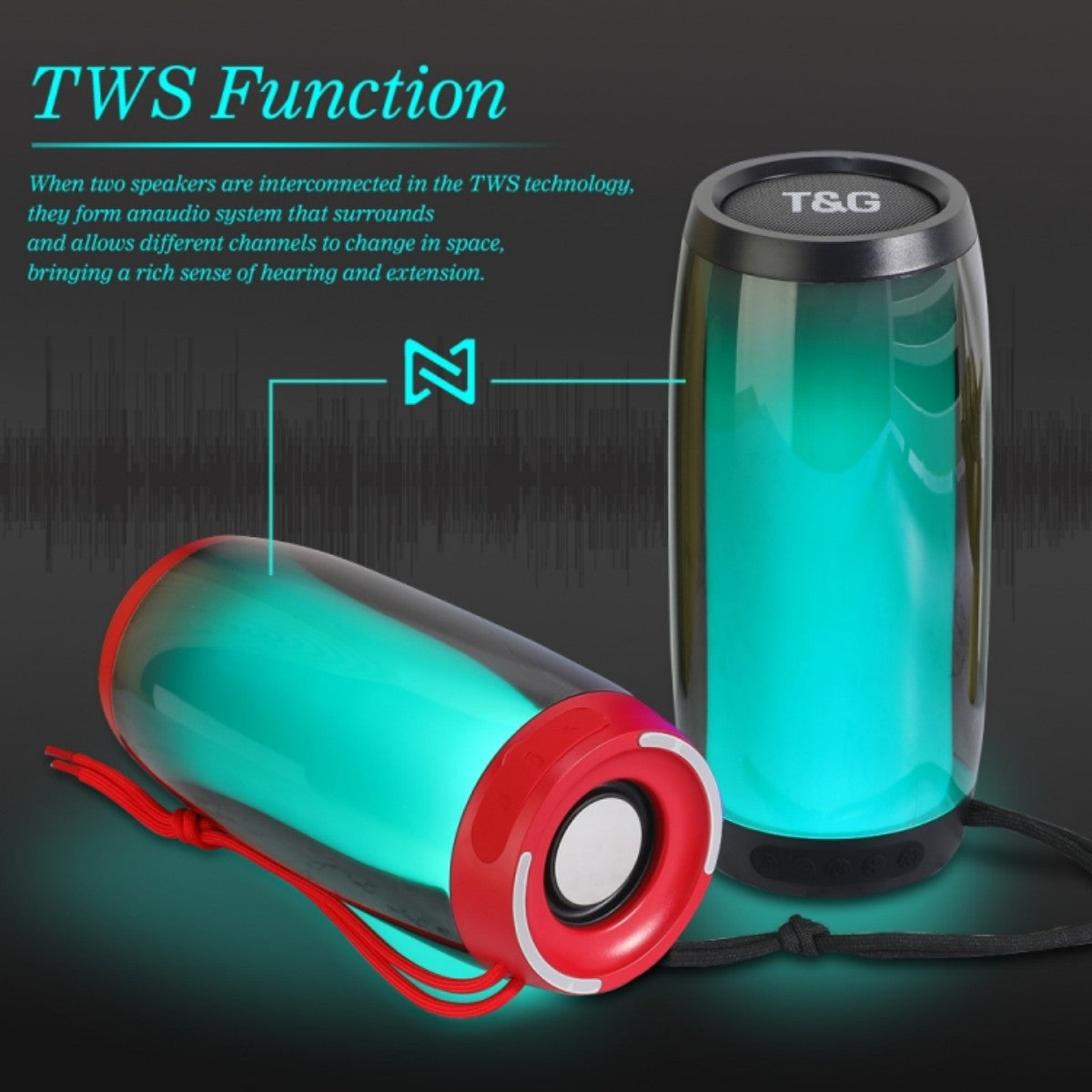 T&G TG335 Bluetooth Speakers with TWS function, shown in blue and red, enabling stereo sound by pairing two units for immersive audio.