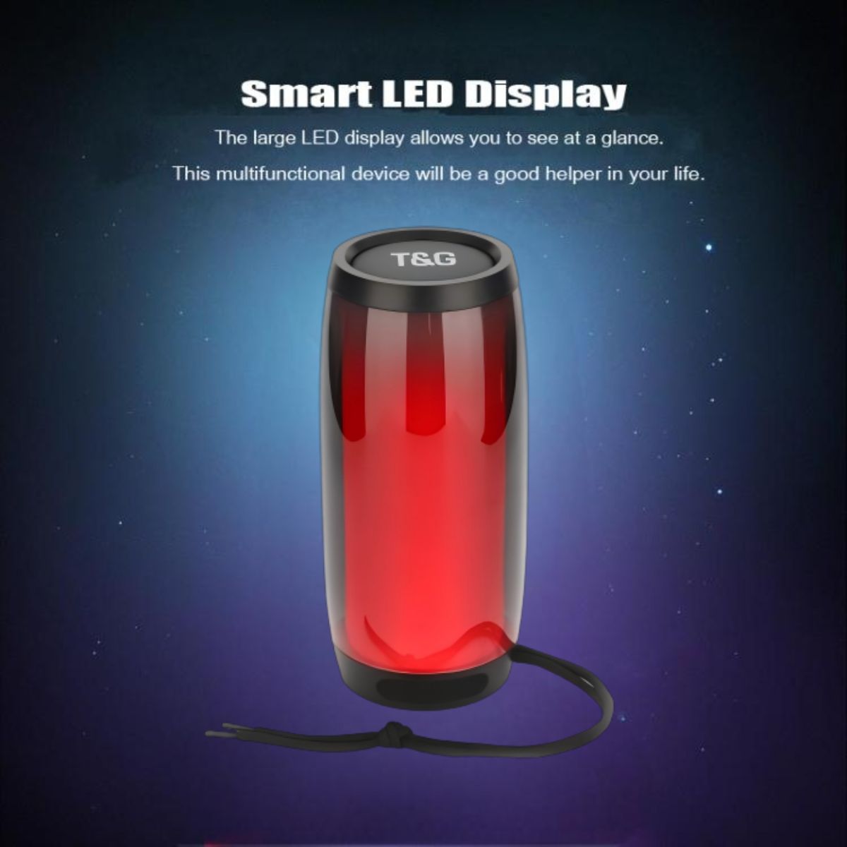 T&G TG335 Bluetooth Speaker in red with smart LED display, offering multifunctional use and stylish lighting for enhanced user experience.
