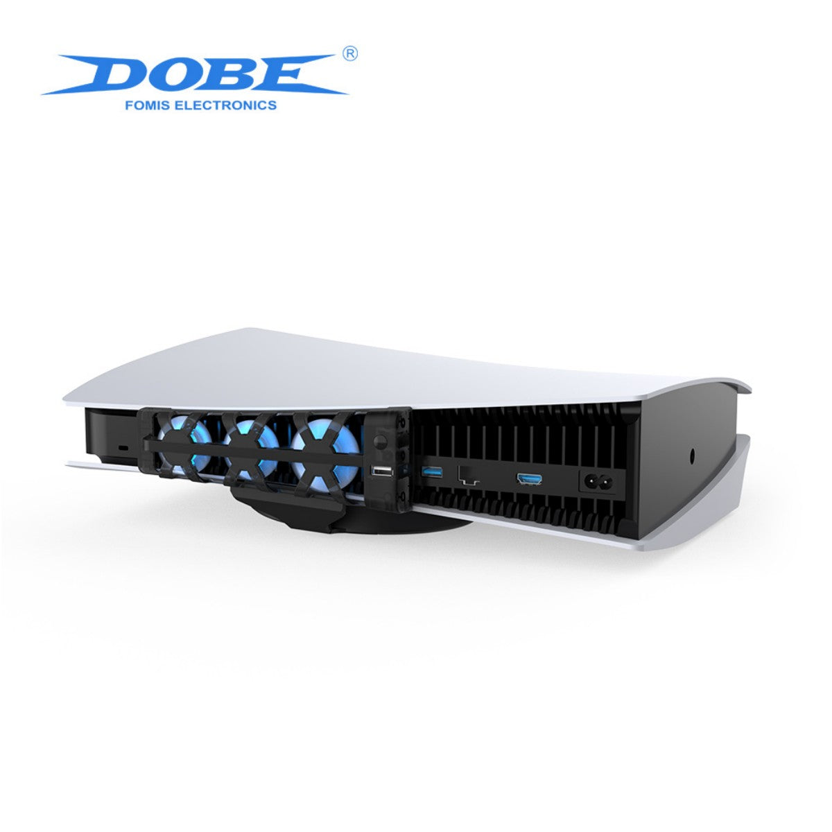 TP5-1523 Dobe Cooling Dock for PlayStation 5 attached horizontally to PS5 console with blue LED fans for efficient cooling.
