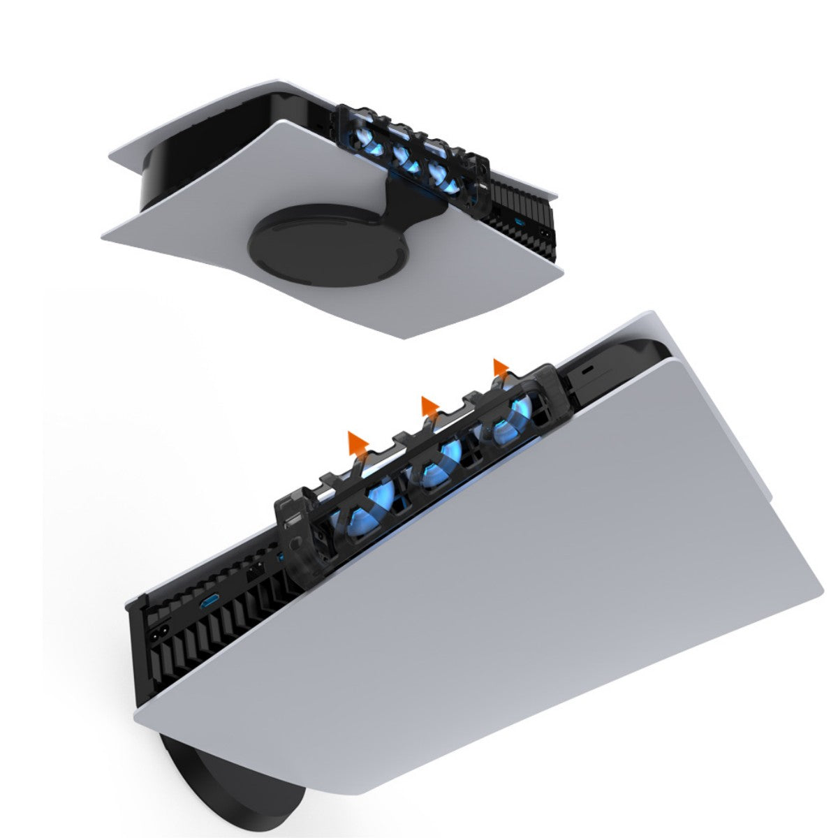 Exploded view of TP5-1523 Dobe Cooling Dock for PlayStation 5 showing fan installation and airflow direction for cooling.