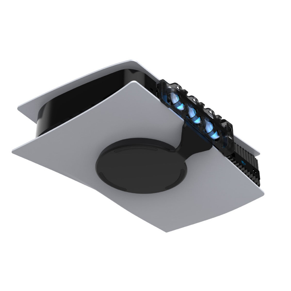 Underside view of TP5-1523 Dobe Cooling Dock for PlayStation 5 mounted on console with visible fan system and base.