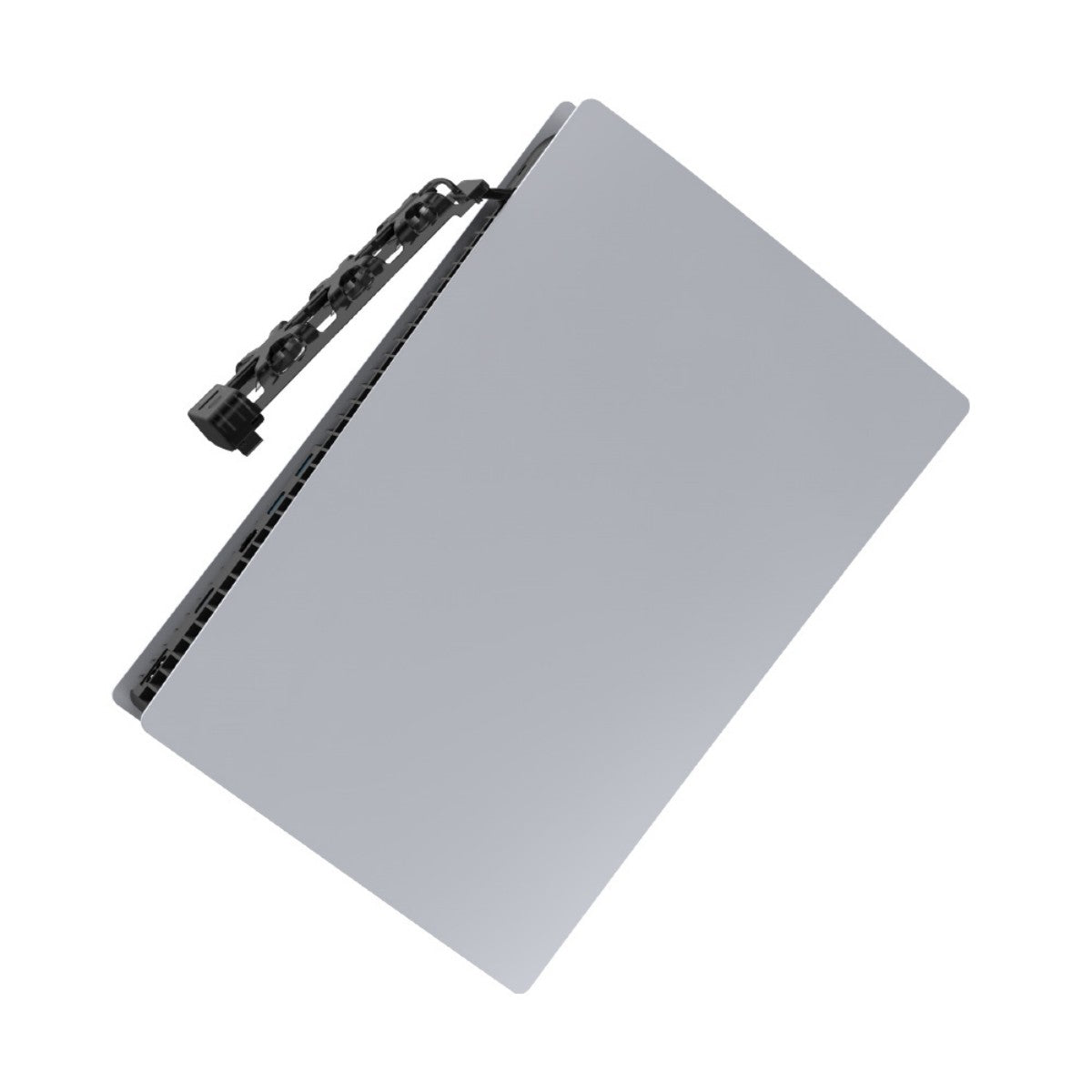 Top-down angle of TP5-1523 Dobe Cooling Dock for PlayStation 5 showing fan attachment to console's rear vent.