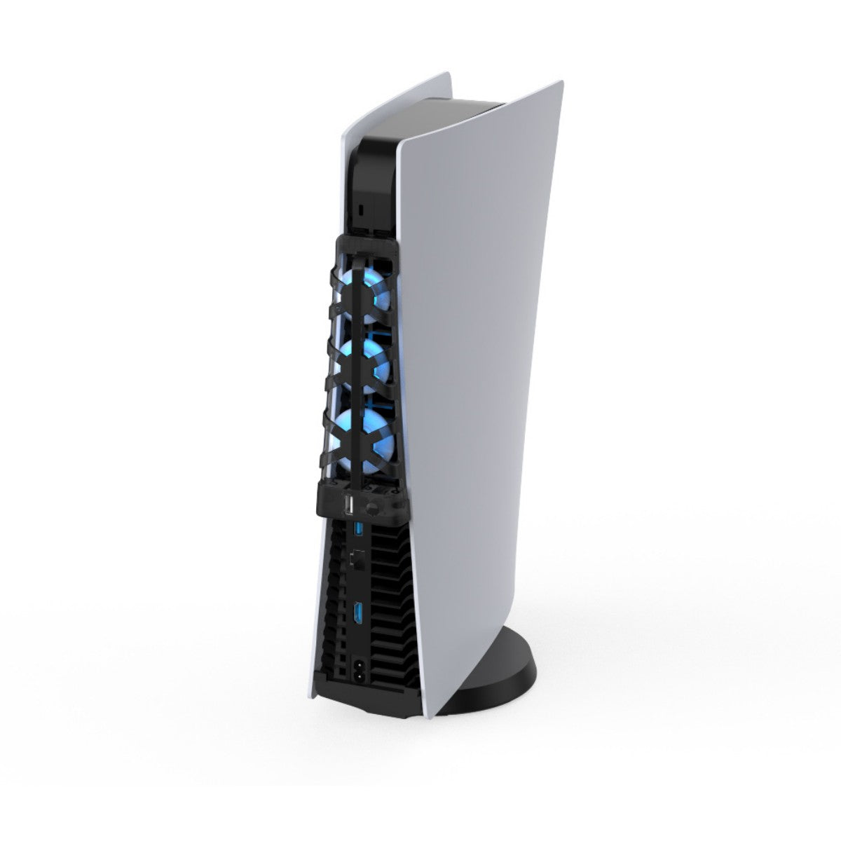 Vertical PlayStation 5 setup with TP5-1523 Dobe Cooling Dock installed, showcasing triple fan system and sleek fit.
