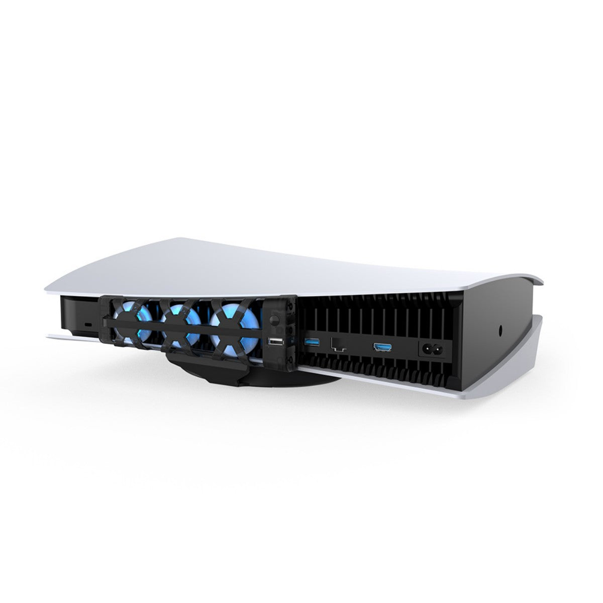 Front view of TP5-1523 Dobe Cooling Dock for PlayStation 5 attached to console, emphasizing blue LED fans and USB ports.