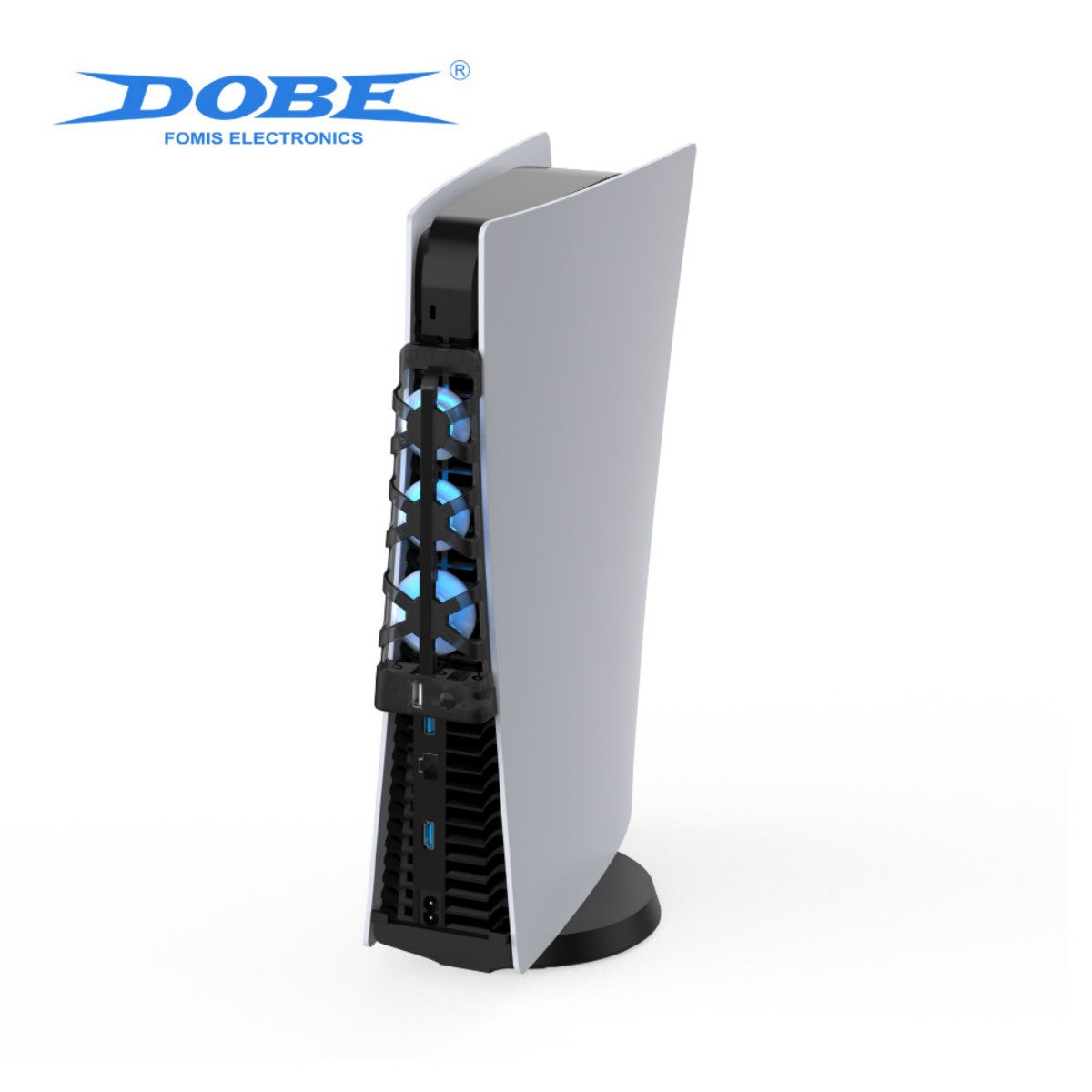 Vertical setup of TP5-1523 Dobe Cooling Dock for PlayStation 5 showing triple fan system and sleek design for optimal airflow.