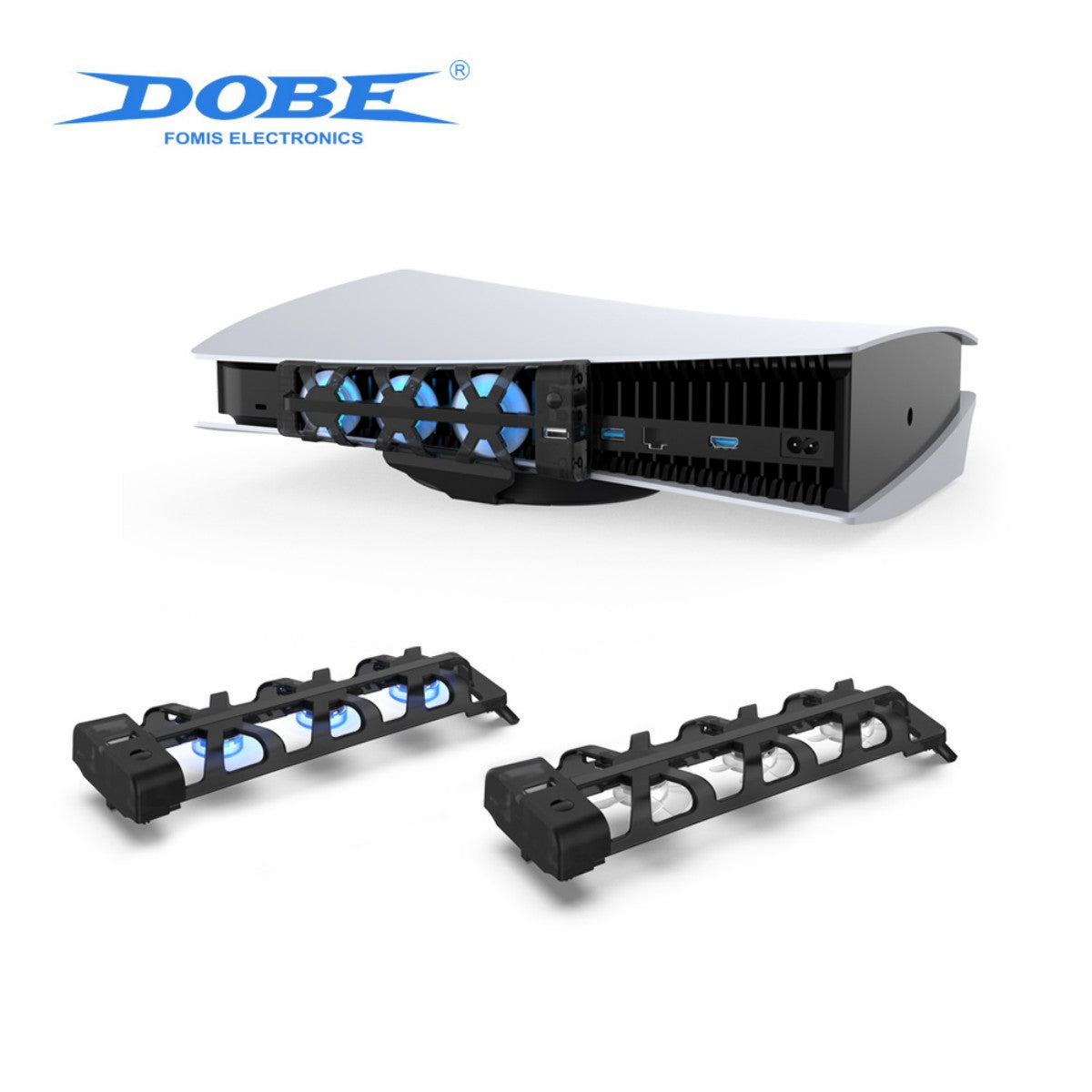 TP5-1523 Dobe Cooling Dock for PlayStation 5 with detachable fan units and blue LED lights, enhancing console cooling performance.