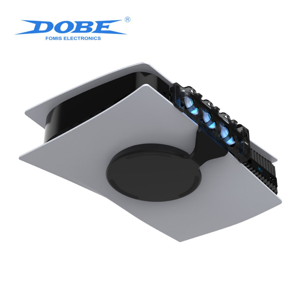 Bottom view of TP5-1523 Dobe Cooling Dock for PlayStation 5 with circular base and integrated fan system for heat dissipation.