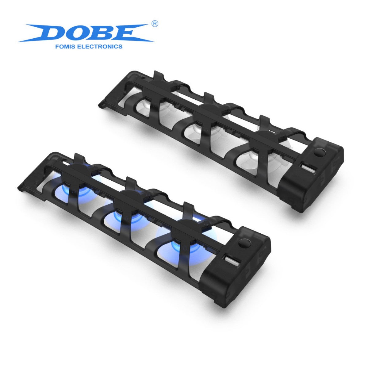 Close-up of two detachable cooling fan units from TP5-1523 Dobe Cooling Dock for PlayStation 5 with blue LED lighting.