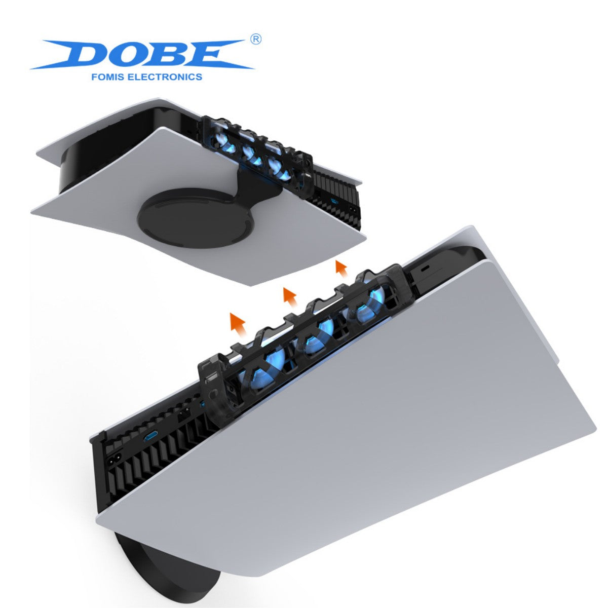 TP5-1523 Dobe Cooling Dock for PlayStation 5 being installed with airflow arrows indicating heat exhaust direction.