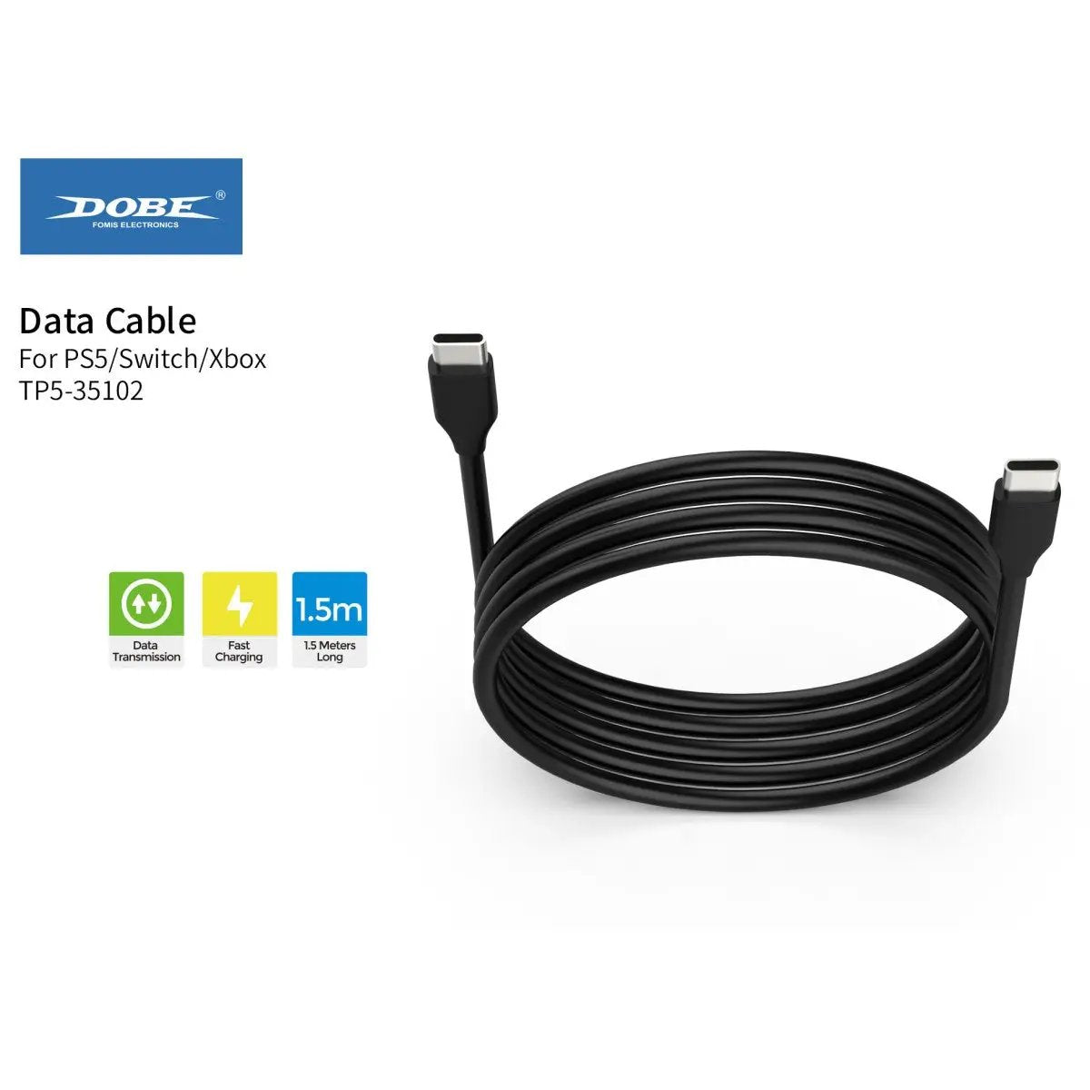 Coiled Dobe TP5-35102 Type-C to Type-C cable, 1.5 meters long, ideal for PS5, Switch, and Xbox charging and data transmission.