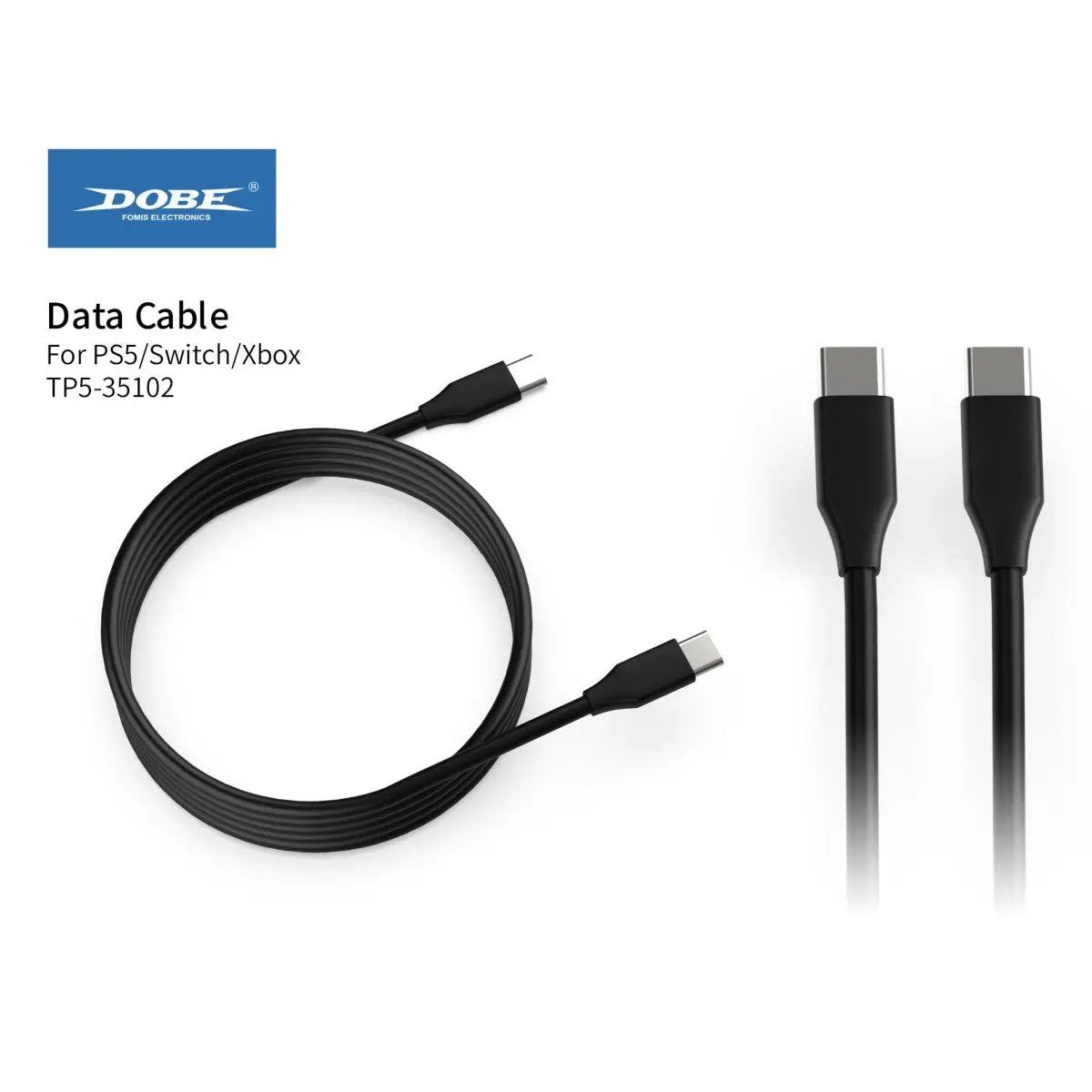 Close-up of Dobe TP5-35102 Type-C to Type-C cable ends and full cable layout for PS5, Switch, and Xbox, supporting fast charging and data sync.