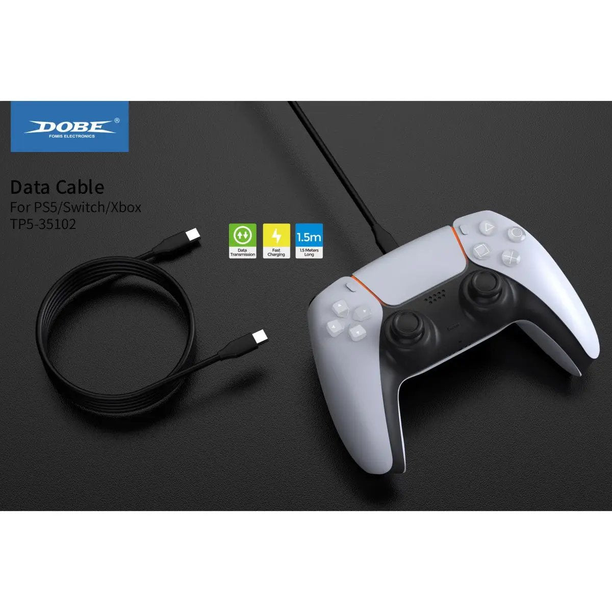 Dobe TP5-35102 Type-C cable connected to PS5 controller, showing compatibility and fast charging capability for gaming accessories.
